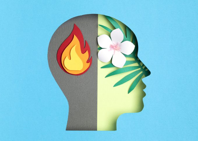 Papercut head, adult bipolar disorder concept. Mental health problems, psychology, mental illness idea